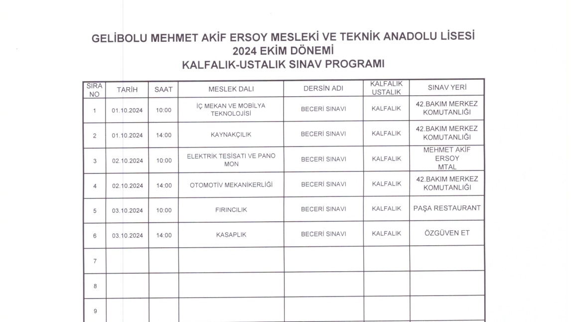 2024 EKİM DÖNEMİ KALFALIK USTALIK SINAV PROGRAMI