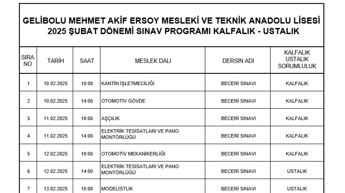 2025 ŞUBAT DÖNEMİ KALFALIK - USTALIK SINAV PROGRAMI DUYURUSU